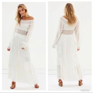 Free People Tina Lace Ivory Smocked Peasant Maxi Dress Size Small